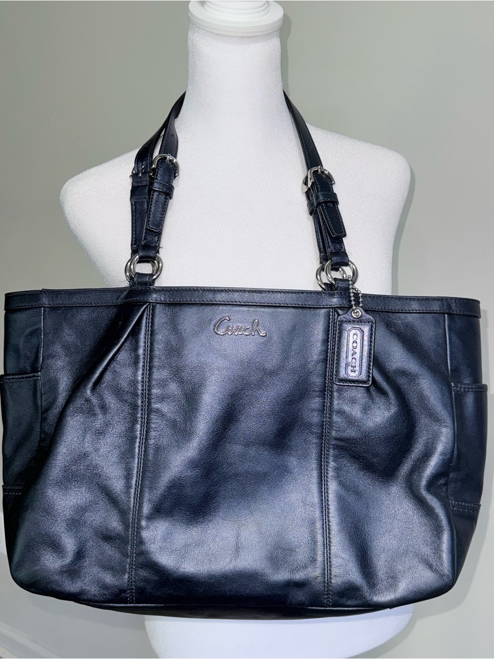 Coach Black Leather Tote with Logo Tag